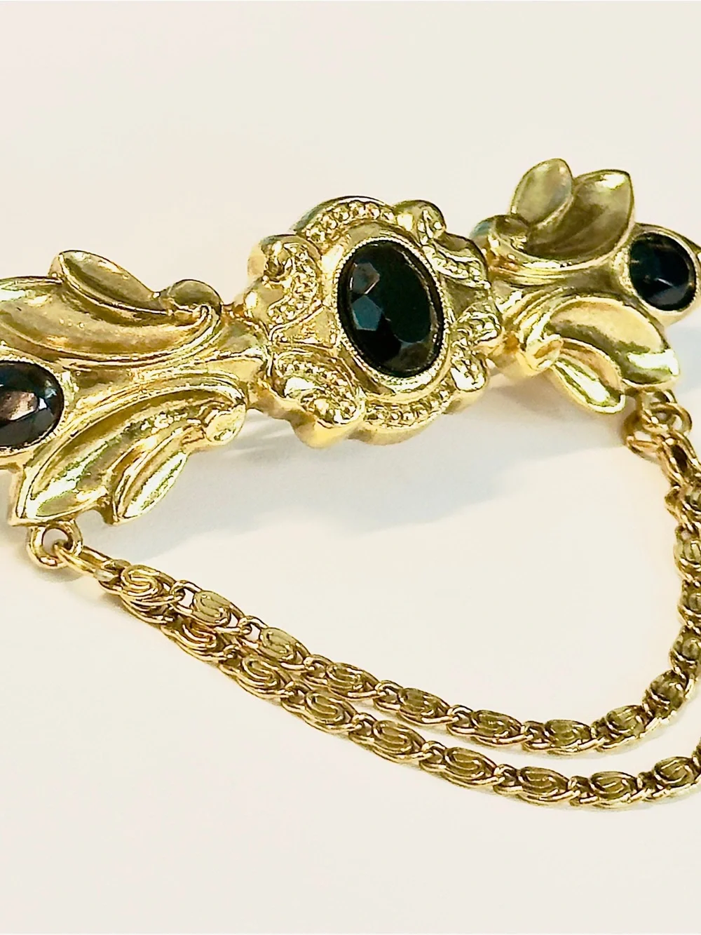 Vintage French Gold Barrette – Victorian Revival Black Cabochon Swag Chain